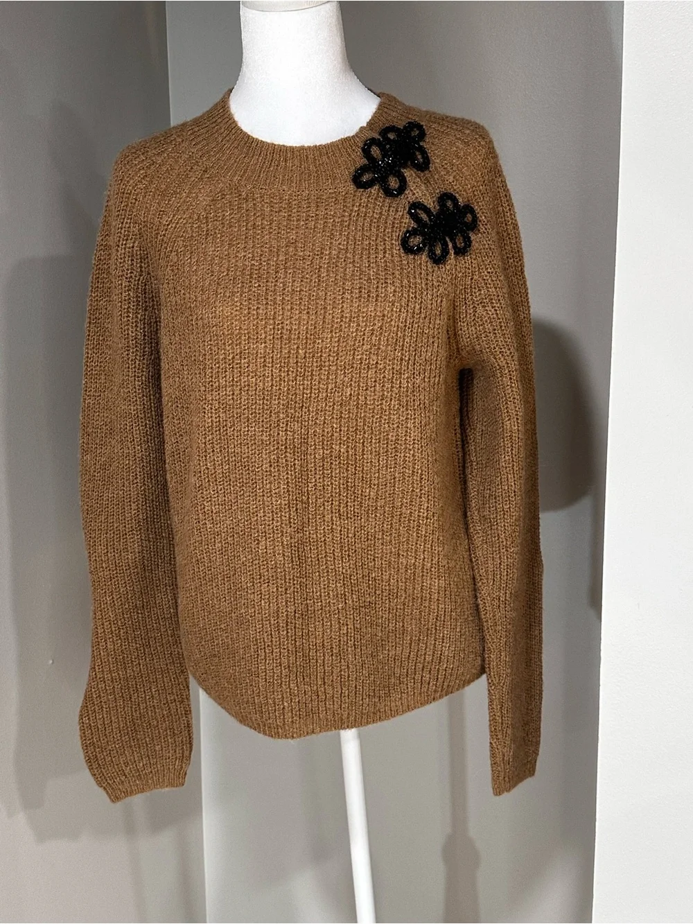 J. Crew Camel Brown Crewneck Sweater with Black Appliqué